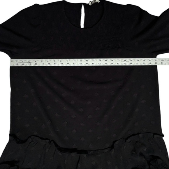 UMGEE Black Swiss Dot Mini Dress sz M Ruffles Balloon Sleeve Smocked Yoke #C3421 - Picture 4 of 10